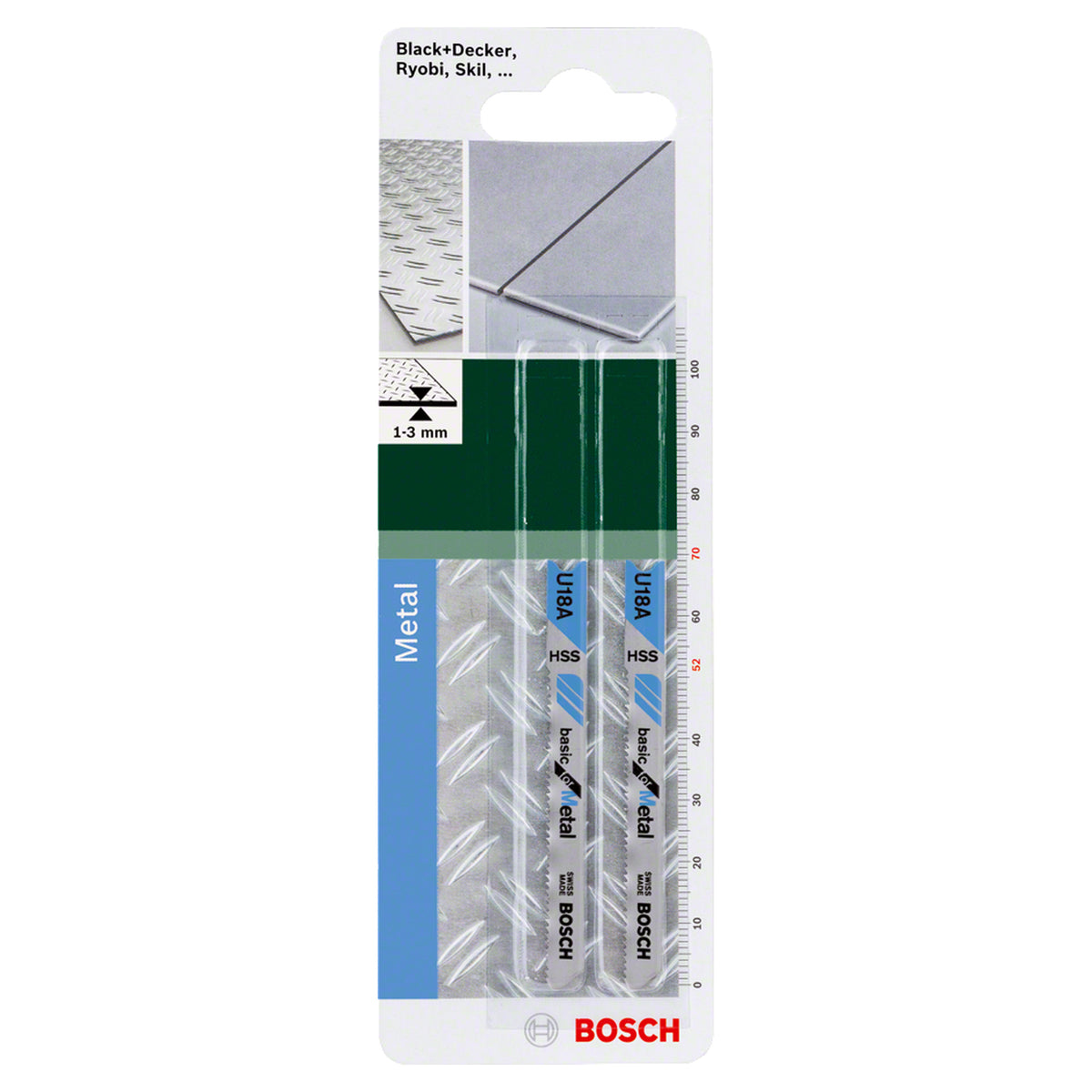 Bosch Jigsaw Blade Set U18A Basic for Metal 2pcs (basic set for straight cuts in thin metal sheets, U-shank for secure fit), compatible with jigsaws.