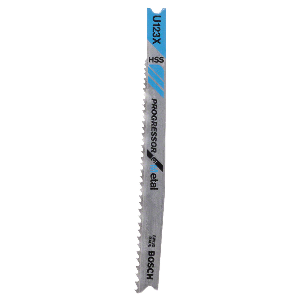 Bosch Jigsaw blade Set U123X Progressor for Metal 2pcs (progressive tooth design for fast and powerful cuts in various metal thicknesses, U-shank for secure fit), compatible with jigsaws.