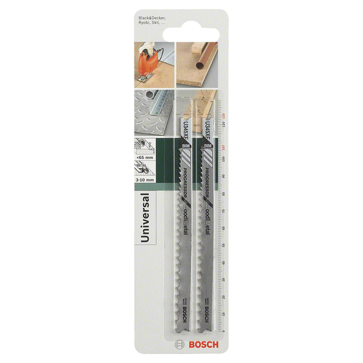 Bosch Jigsaw blade Set U345XF Progressor for Wood/Metal 2pcs (progressive tooth design for fast and powerful cuts in both wood and metal, U-shank for secure fit), compatible with jigsaws.