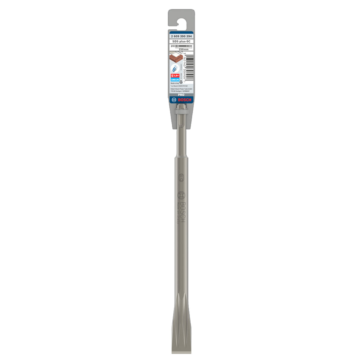 Bosch Flat Chisel SDS Plus 250x20mm (for standard chiselling applications in concrete and masonry, robust design for efficient material removal), compatible with SDS Plus hammer drills.