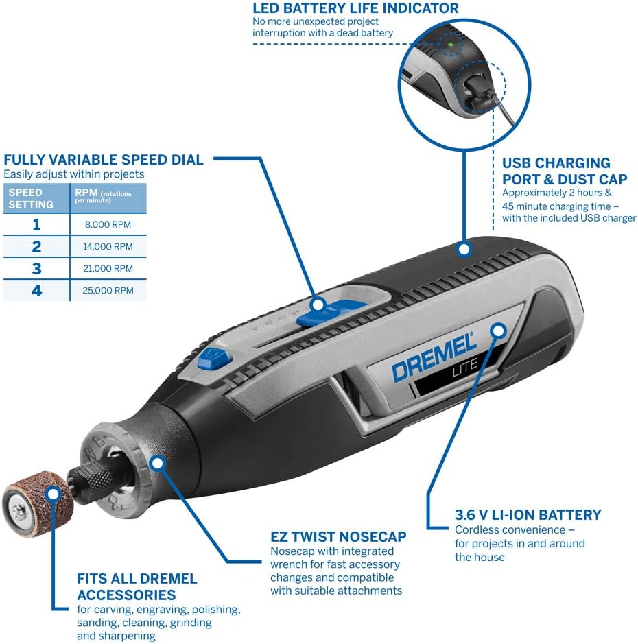 Dremel Lite 7760 Cordless Rotary Tool Li-Ion 3.6 V, Multi Tool Kit with 15 Accessories