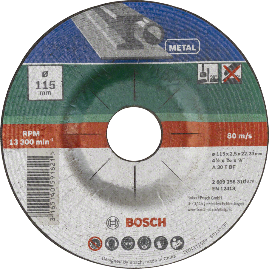 Bosch Cutting Disc for Metal 115x2.5x22.23mm (standard disc for good performance in general-purpose metal cutting), compatible with angle grinders.