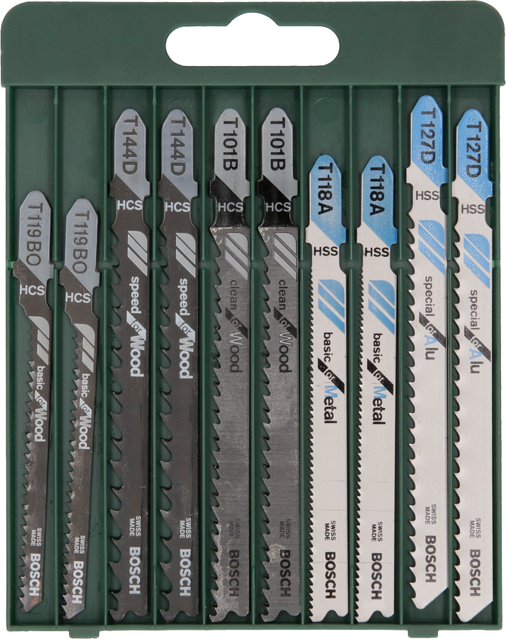 Bosch JSB Set for Wood/Metal/Aluminium 10pcs (a comprehensive multi-material set for cutting wood, metal, and aluminium, suitable for various cutting tasks), compatible with jigsaws.