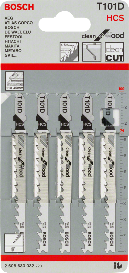 Bosch Jigsaw Blades T 101D Clean for Wood (5-piece set, For fine, splinter-free cuts in wood)