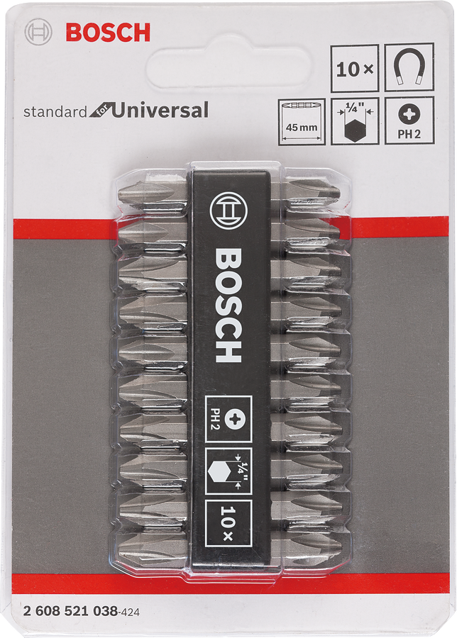 Bosch Double Ended Bit Set Standard for Universal PH2/PH2 (45mm, 10-piece, For universal screwdriving applications)
