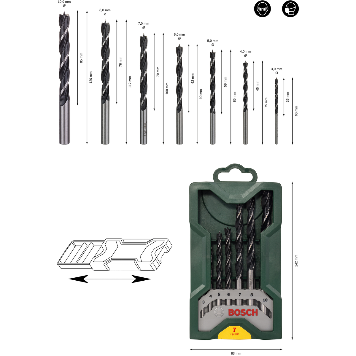 Bosch X-Line Wood Drill Bit Set 7pc (high-quality wood drill bits, precise drilling with centring tip, 3-point tip for clean holes, suitable for soft and hard wood), includes 7 drill bits (3/4/5/6/7/8/10 mm) in a robust plastic case.