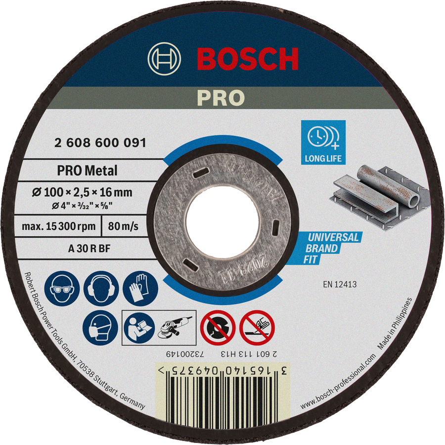 Bosch Cutting Disc Standard for Metal (Flat, 100x2.5x16mm, For general metal cutting applications)