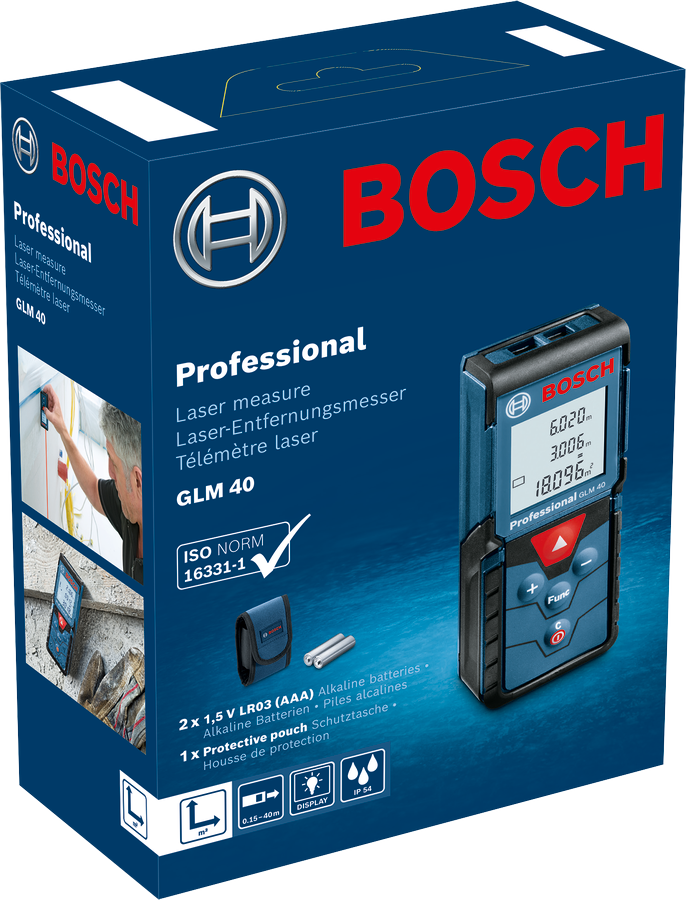 Bosch Professional Laser Measure GLM 40 (Up to 40m range, Area/Volume functions, Robust construction)