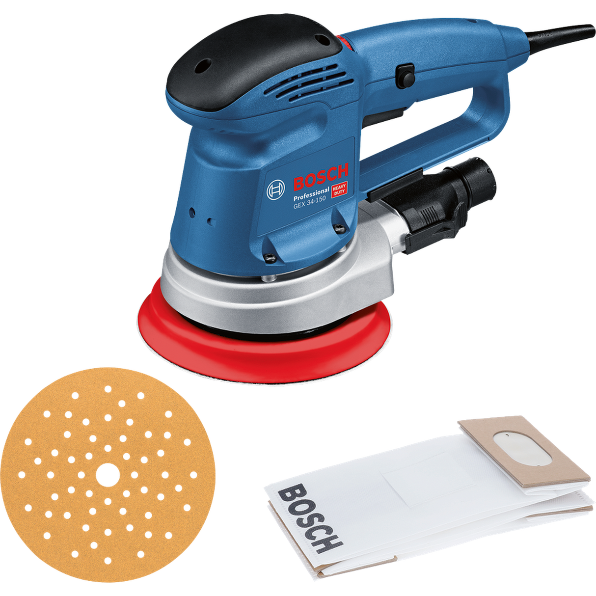 Bosch Professional Random Orbit Sander GEX 34-150 AE (340W motor, 150mm pad, Variable speed, For versatile sanding)