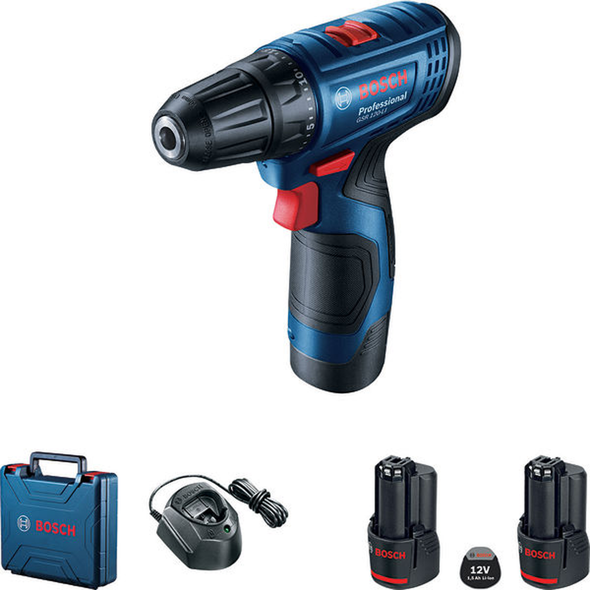 Bosch Professional 12V System Cordless Drill/Driver GSR 120-LI (30Nm torque, incl. 2x 2.0Ah batteries, Charger GAL1210CV, Carry case)
