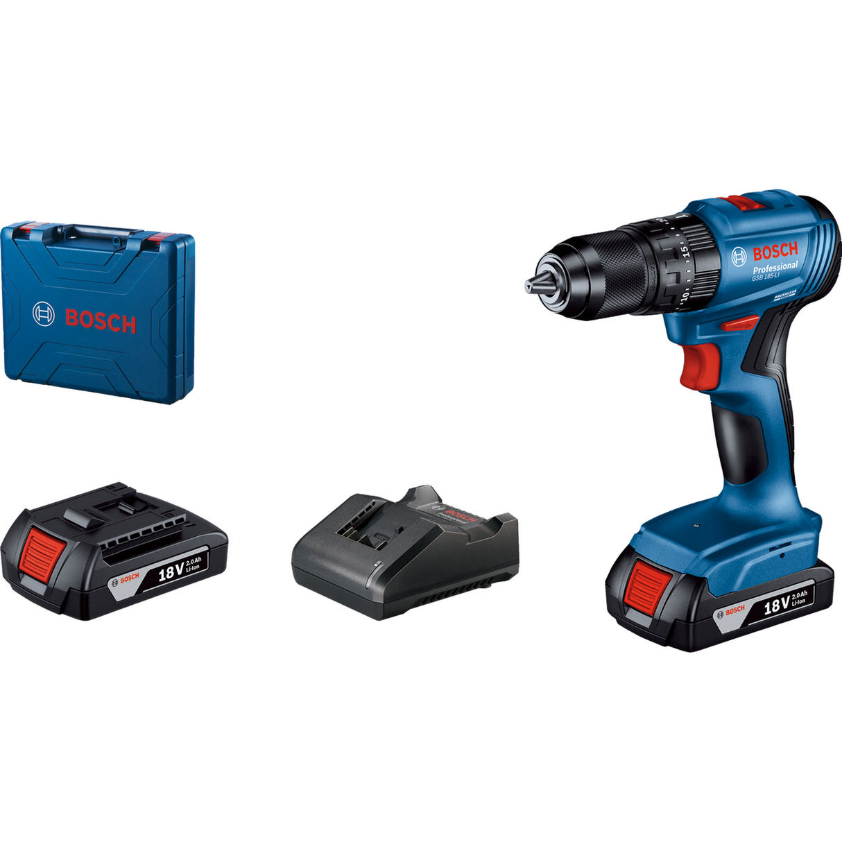 Bosch Professional 18V System Cordless Combi Drill GSB 185-LI (Brushless motor, 50Nm torque, incl. 2x 2.0Ah batteries, Charger GAL 18V-20, 23-piece accessory set, Carry case)