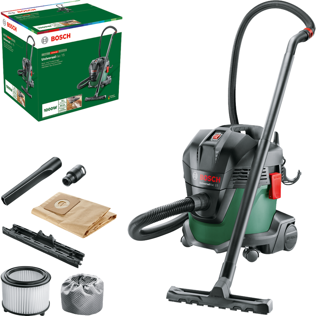 Bosch UniversalVac 15 (1000W, 15L container capacity, wet and dry functionality, blowing function, antistatic hose), incl. universal adapter, crevice nozzle, floor nozzle, 2x extraction pipes, 1x paper filter bag, 1x foam filter.