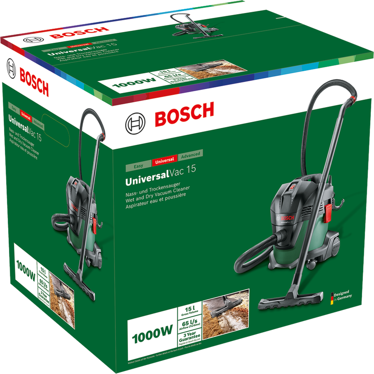 Bosch UniversalVac 15 (1000W, 15L container capacity, wet and dry functionality, blowing function, antistatic hose), incl. universal adapter, crevice nozzle, floor nozzle, 2x extraction pipes, 1x paper filter bag, 1x foam filter.