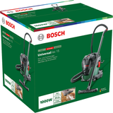 Bosch UniversalVac 15 (1000W, 15L container capacity, wet and dry functionality, blowing function, antistatic hose), incl. universal adapter, crevice nozzle, floor nozzle, 2x extraction pipes, 1x paper filter bag, 1x foam filter.