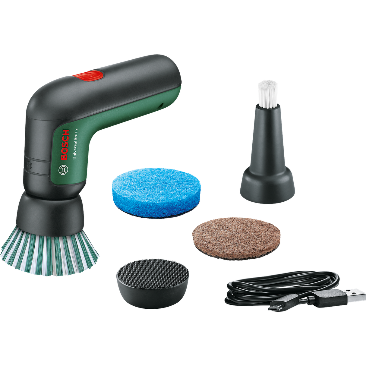 Bosch Cordless Universal Brush (for cleaning various surfaces, water-resistant design, compact and ergonomic, powerful motor), incl. various brush and pad attachments.