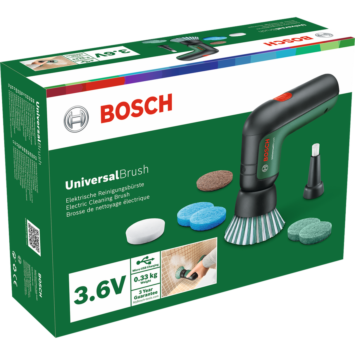 Bosch Cordless Universal Brush (for cleaning various surfaces, water-resistant design, compact and ergonomic, powerful motor), incl. various brush and pad attachments.