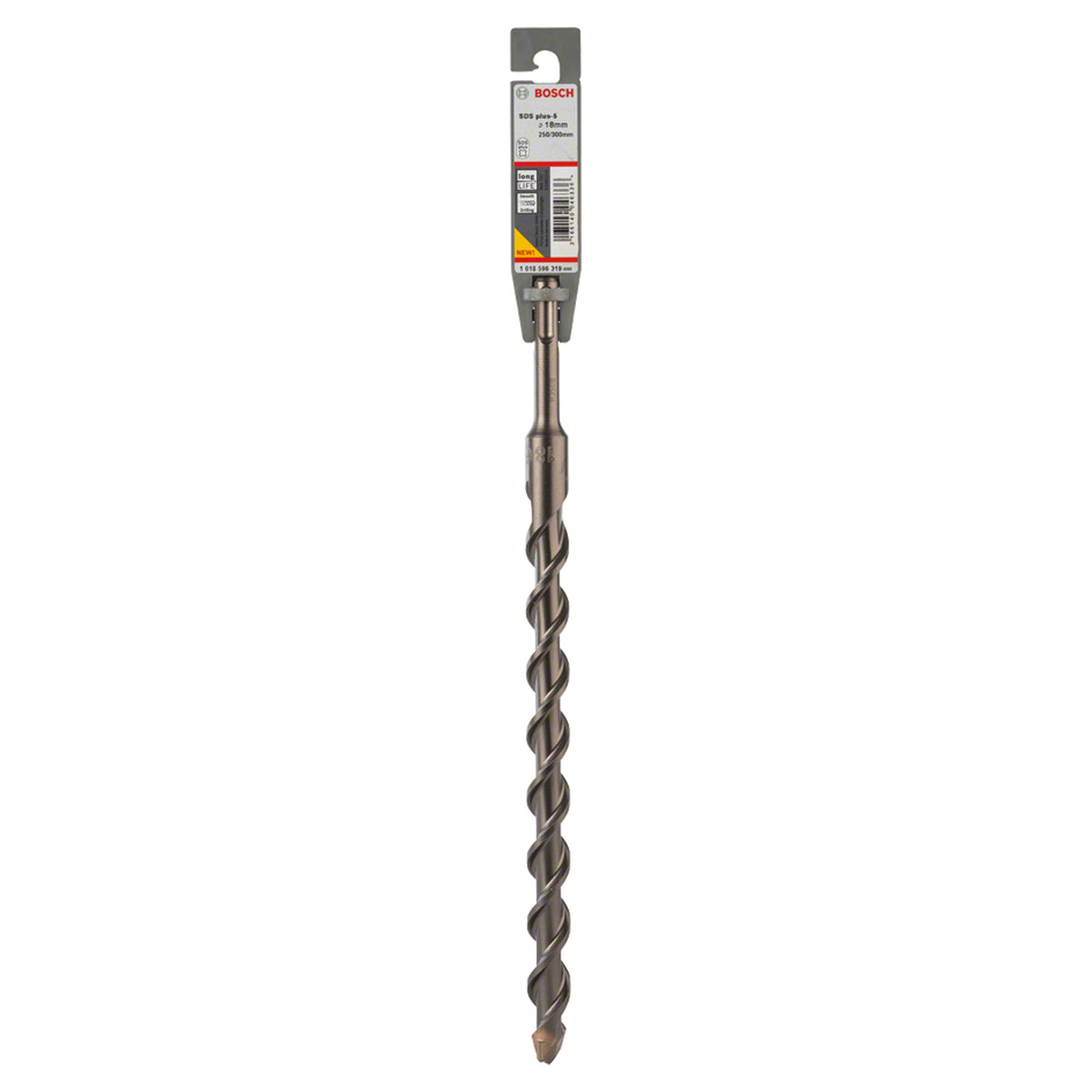 Bosch SDS Plus-5 Drill Bit 18x250x300mm (for efficient drilling in concrete and masonry, robust carbide tip for extended life, optimized flute design for efficient dust removal and faster drilling), compatible with SDS Plus hammer drills.