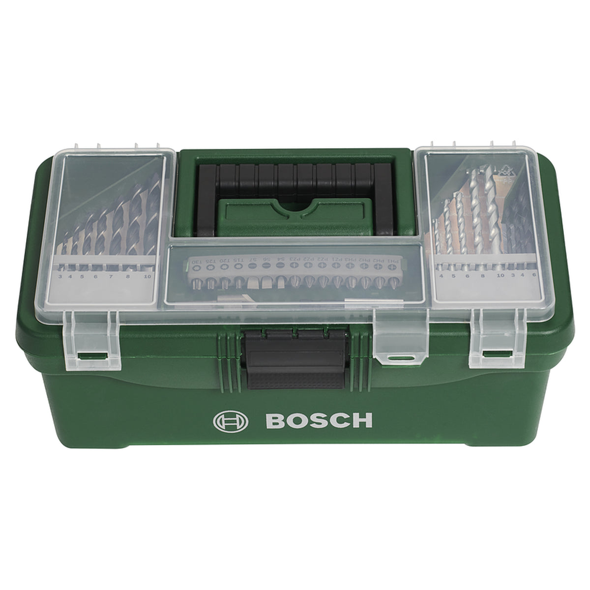 Bosch DIY Starter Box 73pcs (comprehensive set of essential tools and accessories for various DIY projects, includes screwdriver bits, drill bits, plugs, screws, and hand tools), all organized in a robust and portable case.