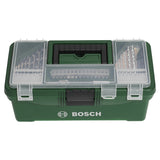 Bosch DIY Starter Box 73pcs (comprehensive set of essential tools and accessories for various DIY projects, includes screwdriver bits, drill bits, plugs, screws, and hand tools), all organized in a robust and portable case.
