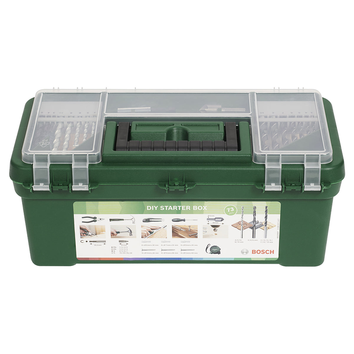 Bosch DIY Starter Box 73pcs (comprehensive set of essential tools and accessories for various DIY projects, includes screwdriver bits, drill bits, plugs, screws, and hand tools), all organized in a robust and portable case.