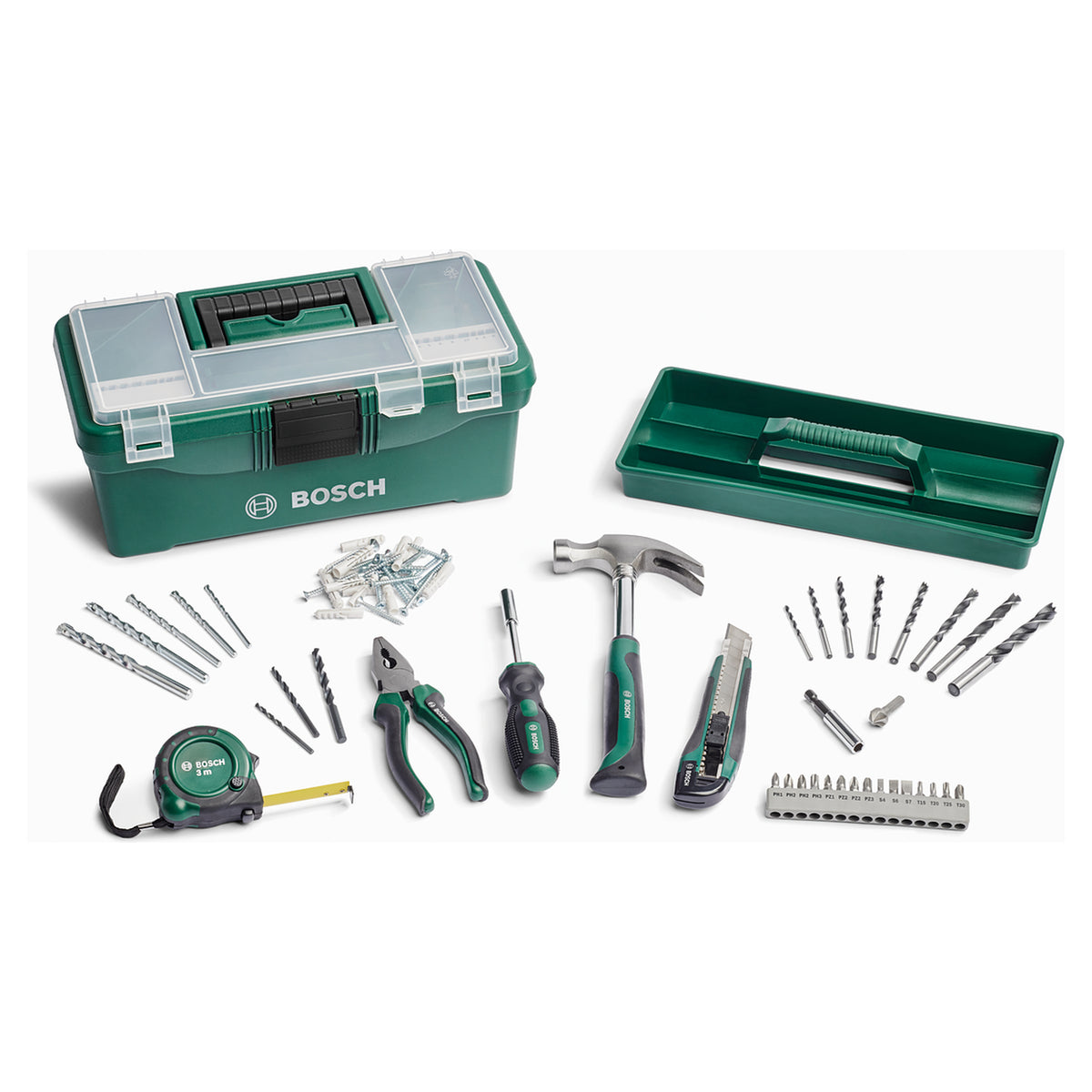 Bosch DIY Starter Box 73pcs (comprehensive set of essential tools and accessories for various DIY projects, includes screwdriver bits, drill bits, plugs, screws, and hand tools), all organized in a robust and portable case.
