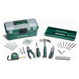 Bosch DIY Starter Box 73pcs (comprehensive set of essential tools and accessories for various DIY projects, includes screwdriver bits, drill bits, plugs, screws, and hand tools), all organized in a robust and portable case.