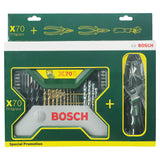 Bosch X-Line Titanium Drill and Bit Set 70pcs (titanium-coated drill bits for extended life, for drilling in wood, metal, and masonry, includes a comprehensive range of screwdriver bits and nutsetters), with an included 3-piece pliers set.