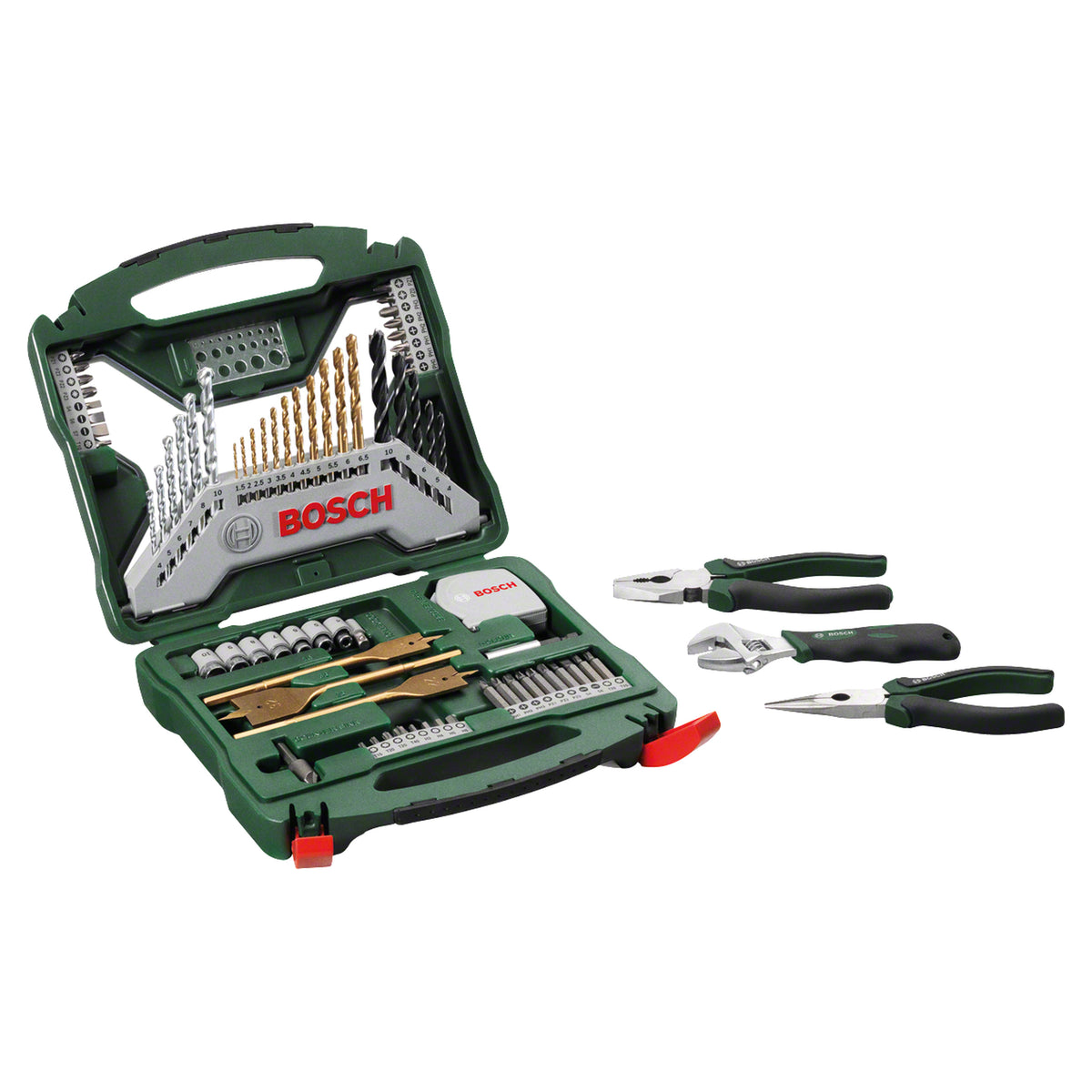 Bosch X-Line Titanium Drill and Bit Set 70pcs (titanium-coated drill bits for extended life, for drilling in wood, metal, and masonry, includes a comprehensive range of screwdriver bits and nutsetters), with an included 3-piece pliers set.