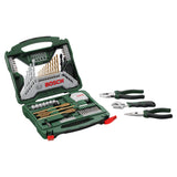 Bosch X-Line Titanium Drill and Bit Set 70pcs (titanium-coated drill bits for extended life, for drilling in wood, metal, and masonry, includes a comprehensive range of screwdriver bits and nutsetters), with an included 3-piece pliers set.