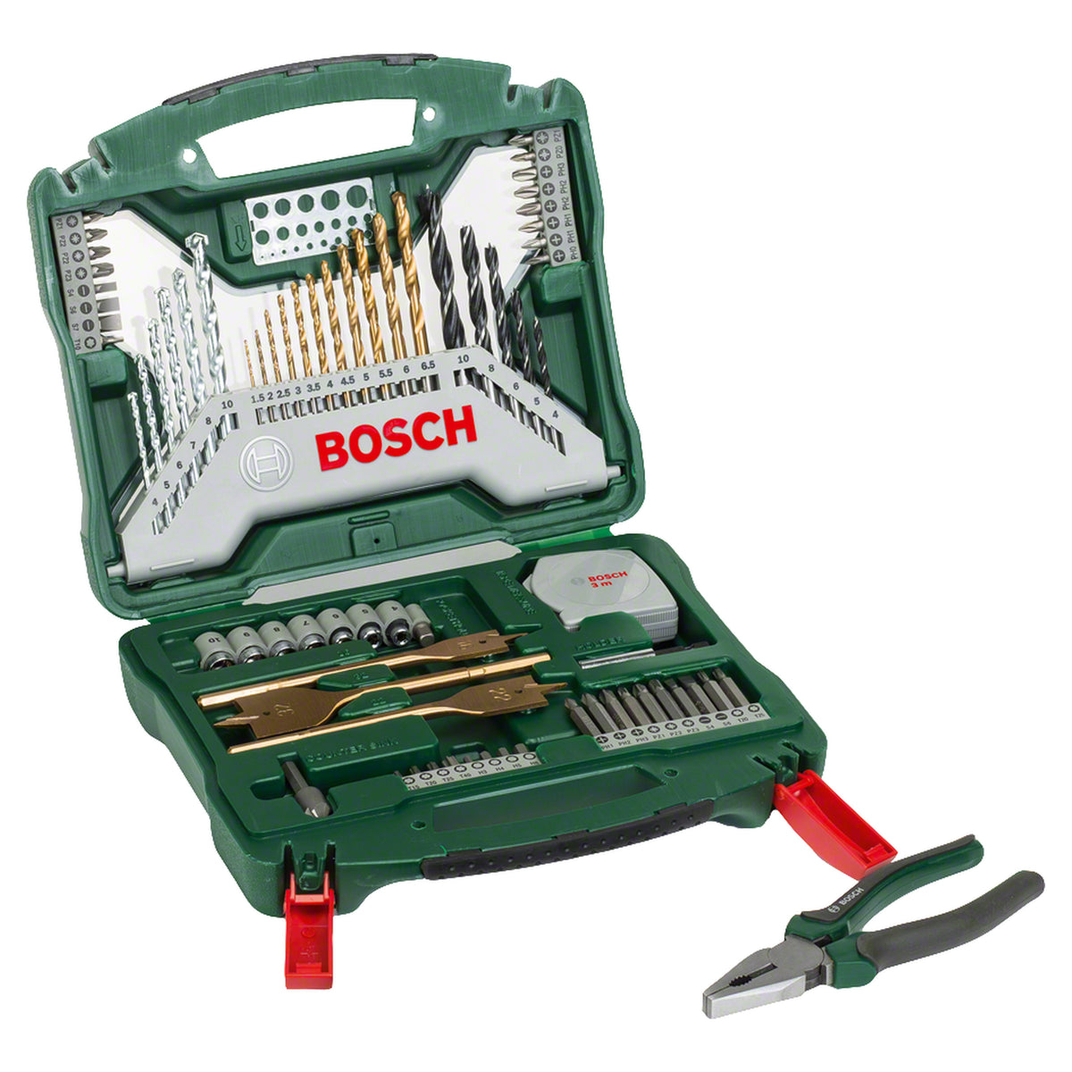 Bosch X-Line Titanium Drill and Bit Set 70pcs (titanium-coated drill bits for extended life, for drilling in wood, metal, and masonry, includes a comprehensive range of screwdriver bits and nutsetters), with an included 3-piece pliers set.