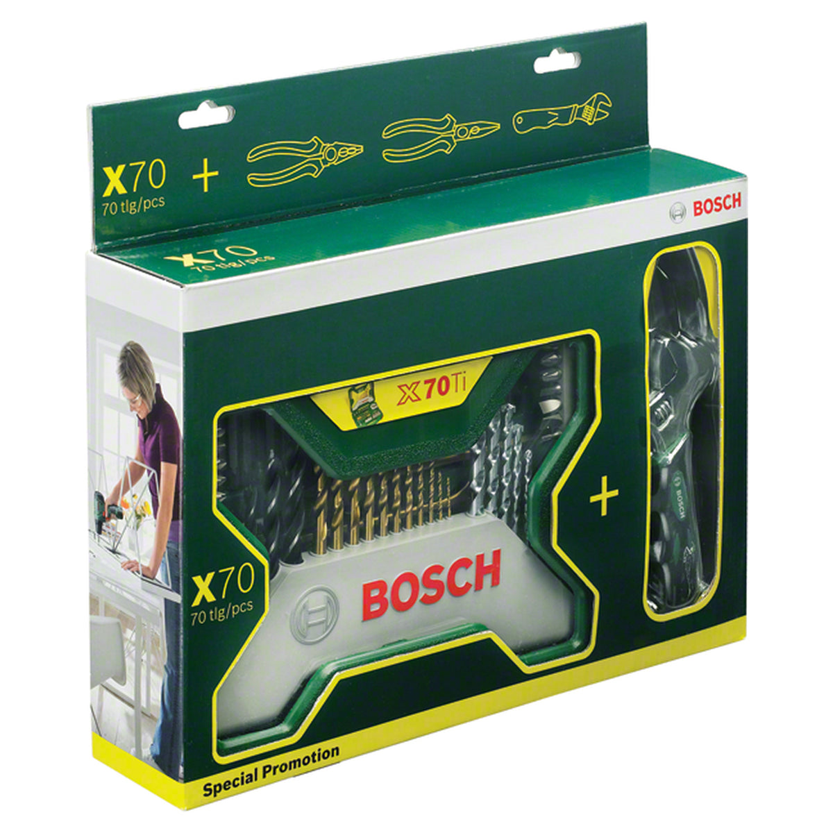 Bosch X-Line Titanium Drill and Bit Set 70pcs (titanium-coated drill bits for extended life, for drilling in wood, metal, and masonry, includes a comprehensive range of screwdriver bits and nutsetters), with an included 3-piece pliers set.