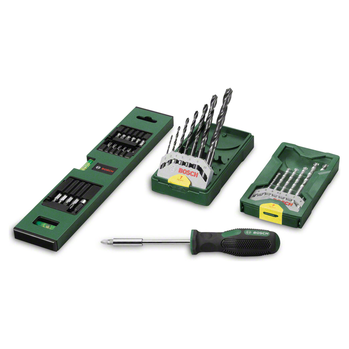 Bosch Mini-X-Line Spirit Level with Hand Screwdriver Set (compact spirit level for accurate leveling, includes a hand screwdriver with various bits for versatile use), ideal for small tasks and DIY projects.