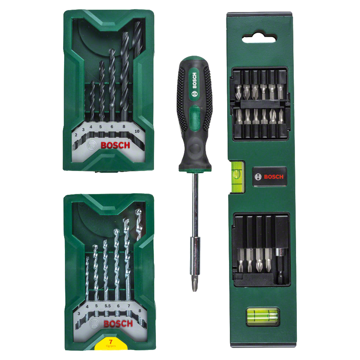 Bosch Mini-X-Line Spirit Level with Hand Screwdriver Set (compact spirit level for accurate leveling, includes a hand screwdriver with various bits for versatile use), ideal for small tasks and DIY projects.