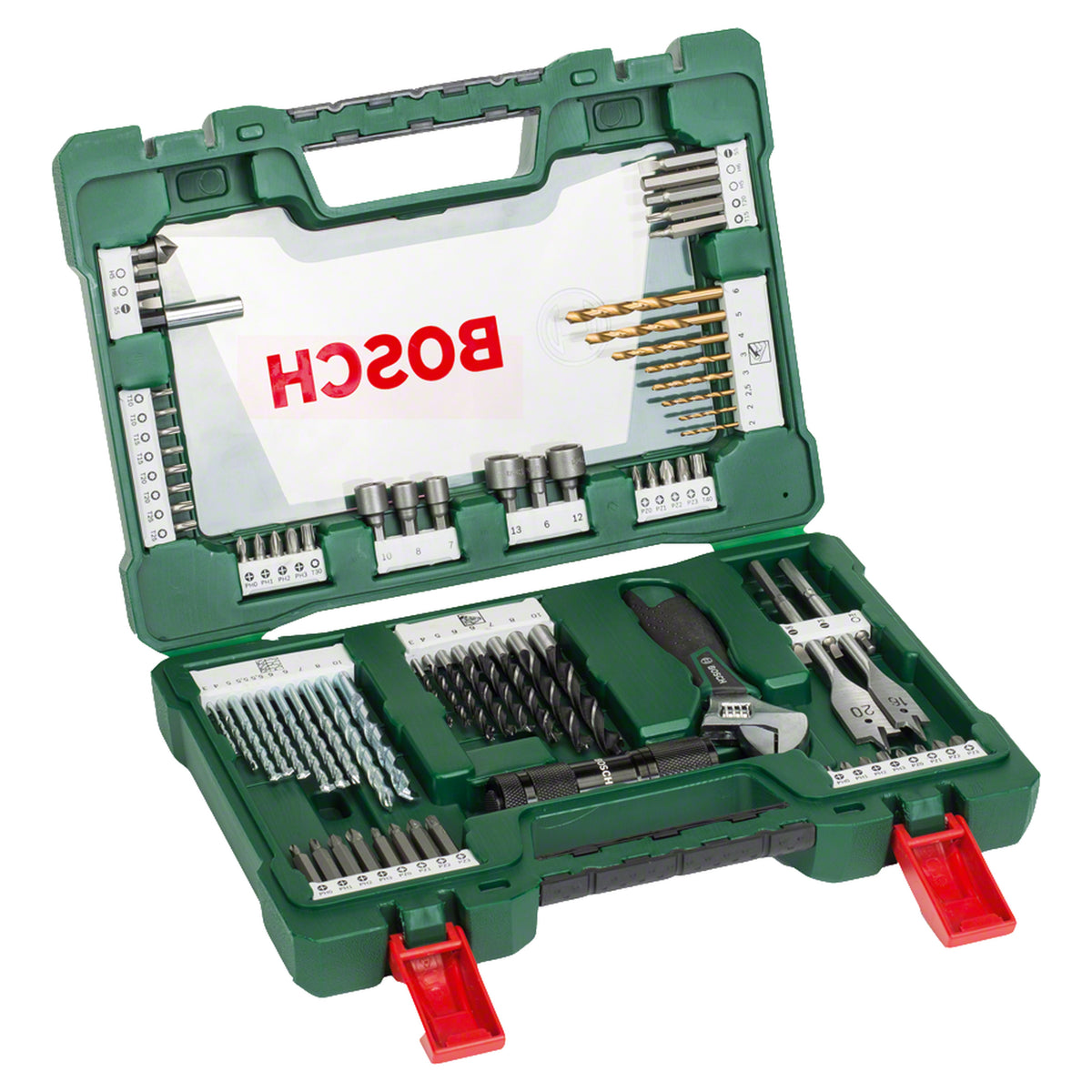 Bosch V-Line Box 83pcs (comprehensive set of screwdriver bits, drill bits for wood, metal, and masonry, nutsetters, and other accessories, organized in a robust V-Line case for easy access and storage).
