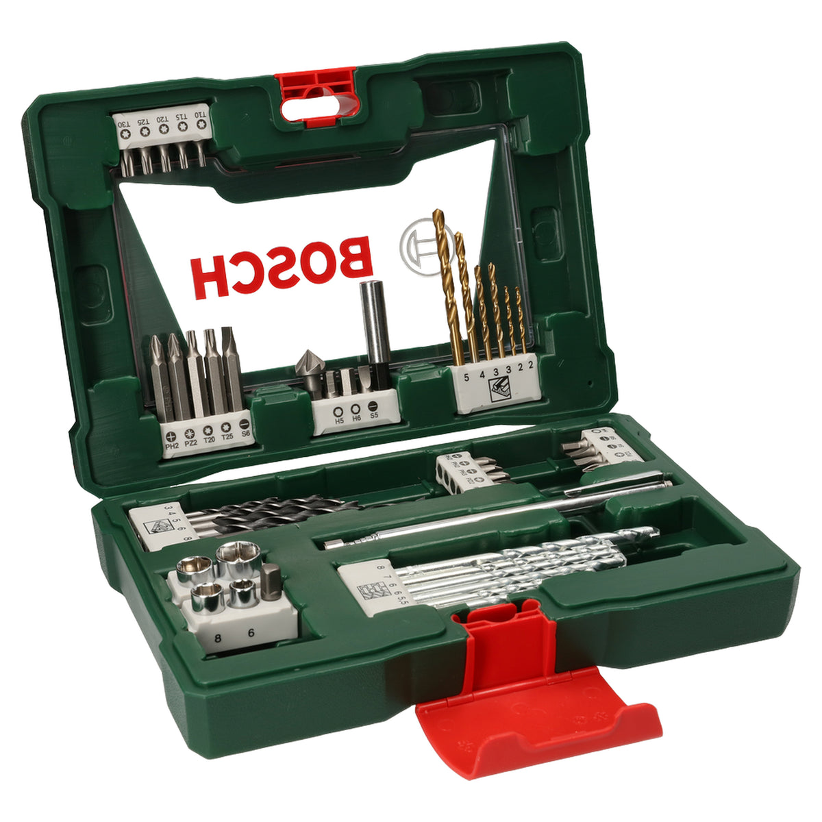 Bosch V-Line Box 48pcs (versatile set of screwdriver bits, drill bits for wood, metal, and masonry, and nutsetters, organized in a robust V-Line case for easy access and storage).