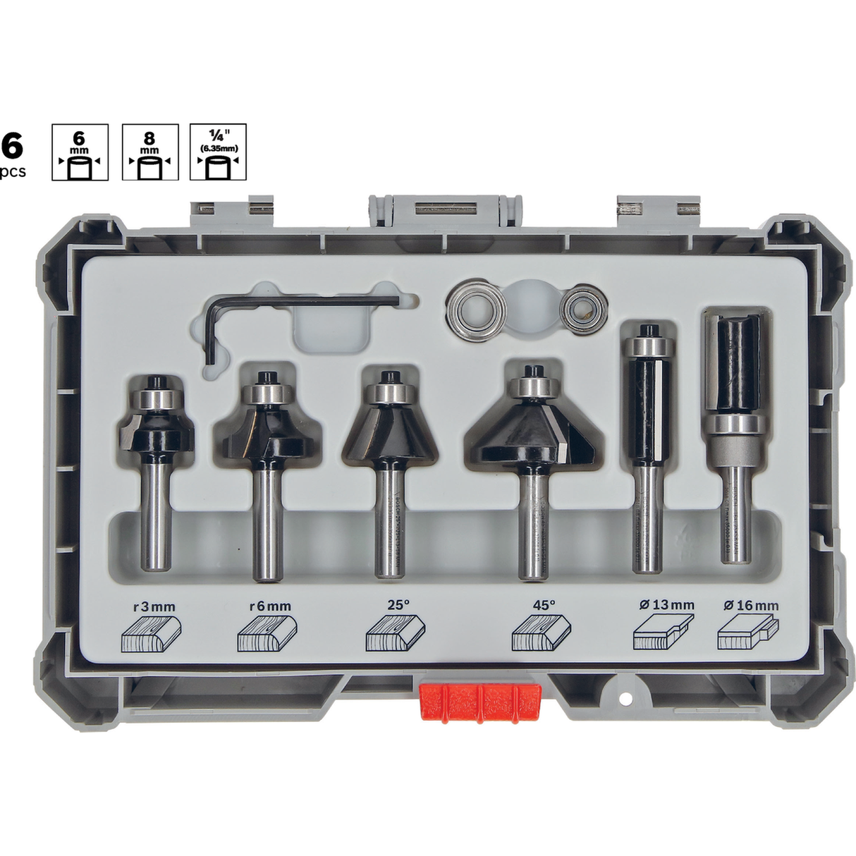 Bosch Trim&Edging Router Bit Set, 6mm shank, 6pcs (a set of router bits for trimming, edging, and decorative profiling in wood, includes various common profiles), compatible with routers.