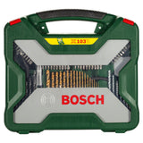 Bosch X-Line Titanium Drill and Screwdriver Bit Set 103pcs (comprehensive set for wood, metal, and masonry drilling, includes a wide variety of screwdriver bits, nutsetters, hole saws, and other essential accessories like a tape measure and spirit level).