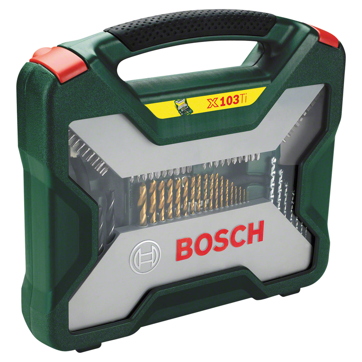 Bosch X-Line Titanium Drill and Screwdriver Bit Set 103pcs (comprehensive set for wood, metal, and masonry drilling, includes a wide variety of screwdriver bits, nutsetters, hole saws, and other essential accessories like a tape measure and spirit level).