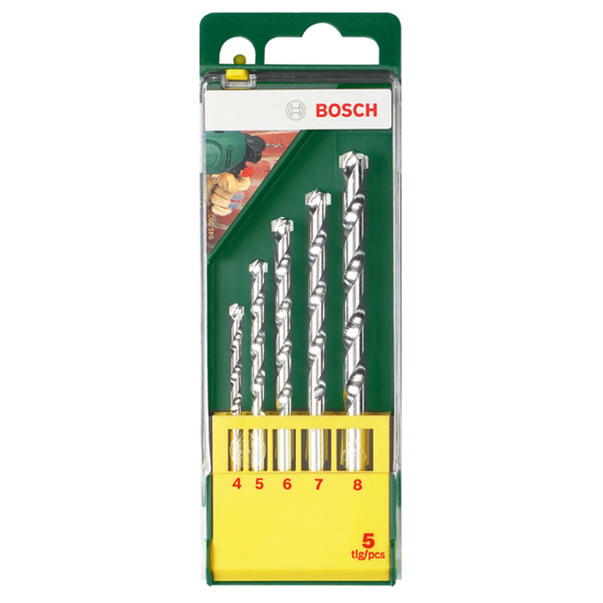 Bosch CYL-1 Masonry Drill Bit Set 4/5/6/7/8mm 5pcs (a set of drill bits for standard drilling tasks in brick, stone, and concrete, robust carbide tips for reliable performance), compatible with rotary and impact drills.