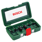 Bosch Router Bit Set, 6mm shank, 6pcs (a basic set of router bits for common routing applications in wood, includes various common profiles), compatible with routers.