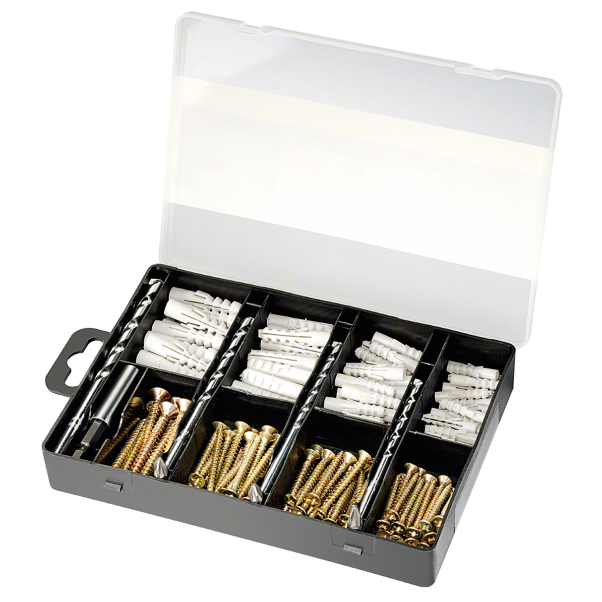 Bosch Fixing Set 173pcs (comprehensive set of screws, plugs, and hooks for various fixing applications in different materials, organized in a practical sorting box for easy access), ideal for home and DIY projects.