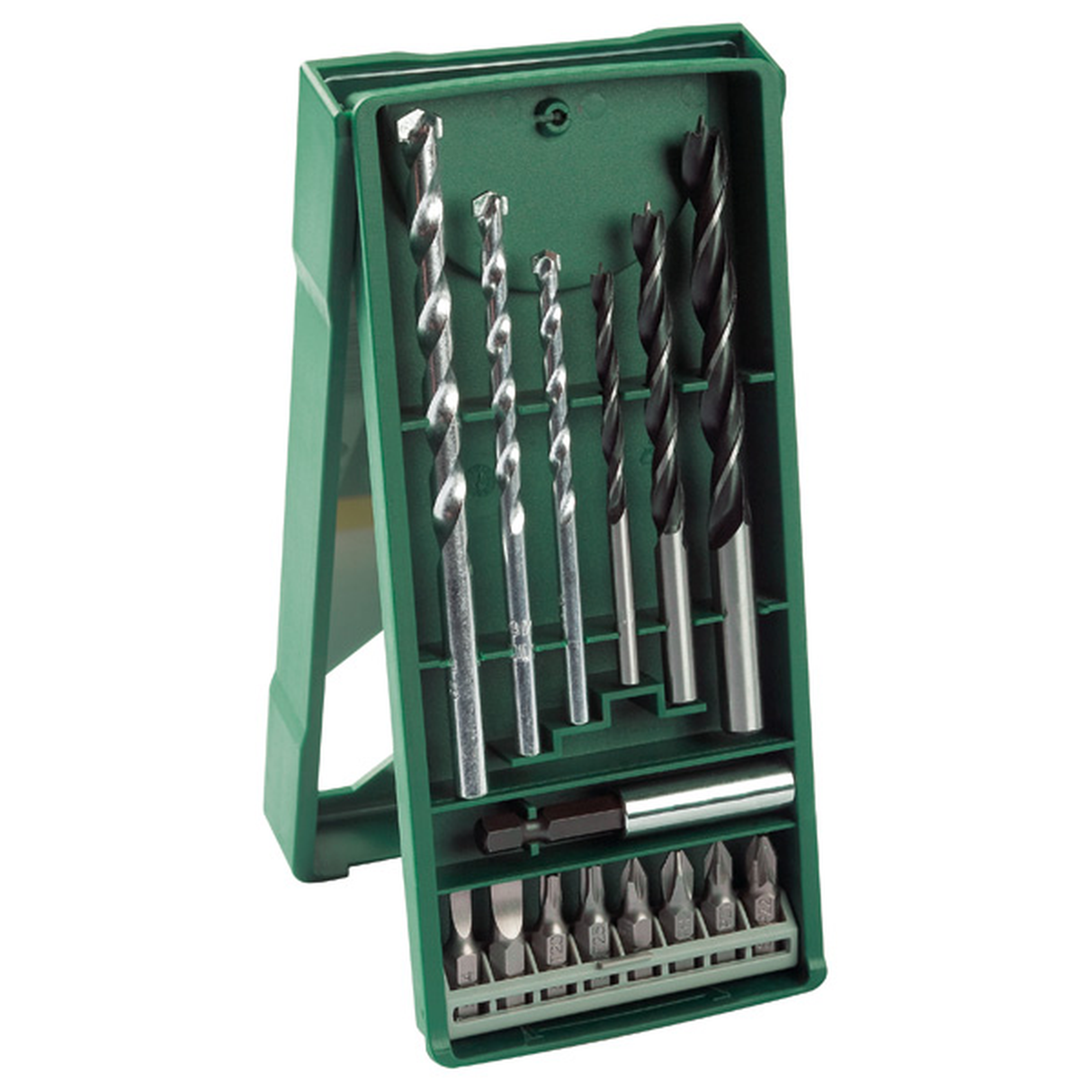 Bosch X-Line Accessories Set 15pcs (versatile set of screwdriver bits, drill bits for wood, metal, and masonry, and nutsetters, organized in a robust plastic case), ideal for basic drilling and screwdriving applications.