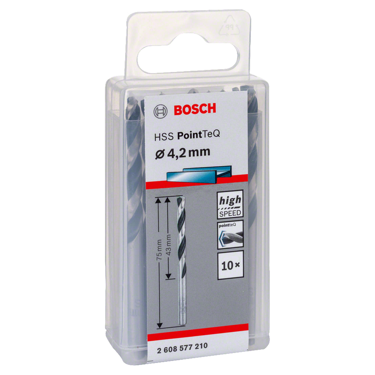Bosch HSS PointTeQ Metal Twist Drill Bit (4.2x43x75mm, 10-piece pack, For fast metal drilling)