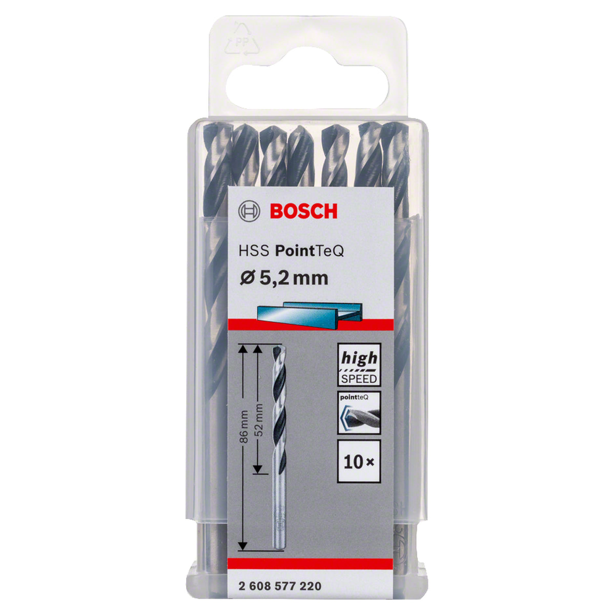 Bosch HSS PointTeQ Metal Twist Drill Bit (5.2x52x86mm, 10-piece pack, For fast metal drilling)