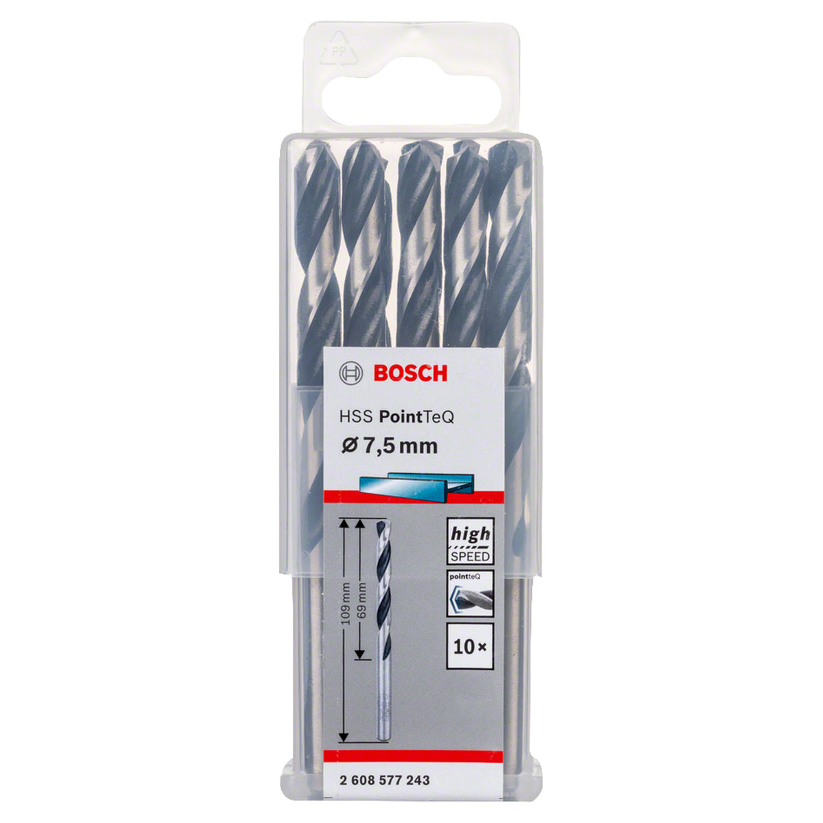 Bosch HSS PointTeQ Metal Twist Drill Bit (7.5x69x109mm, 10-piece pack, For fast metal drilling)