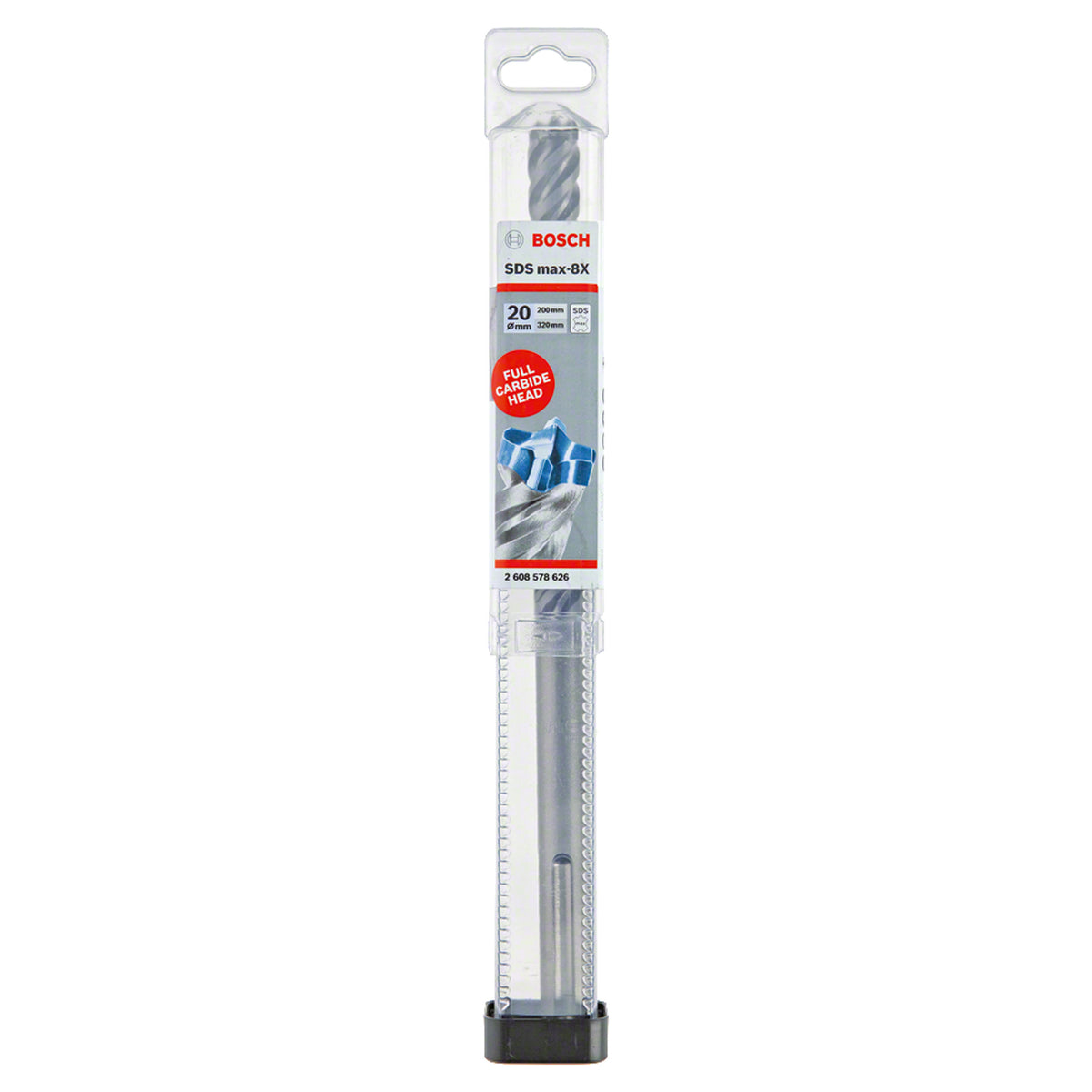 Bosch SDS Max-8X Drill Bit 20x200x320mm (for ultimate endurance and speed in reinforced concrete, solid carbide head for superior performance and reduced vibration), compatible with SDS Max rotary hammers.
