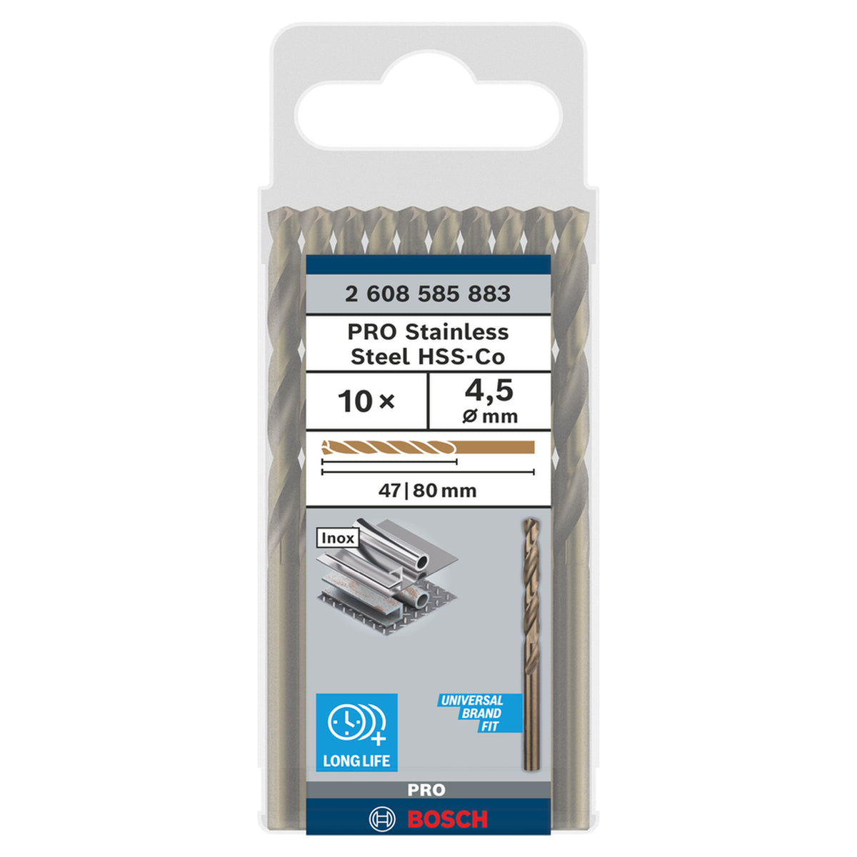 Bosch HSS-CO Metal Drill Bit (4.5x47x80mm, 10-piece pack, For drilling in tough metals like stainless steel)