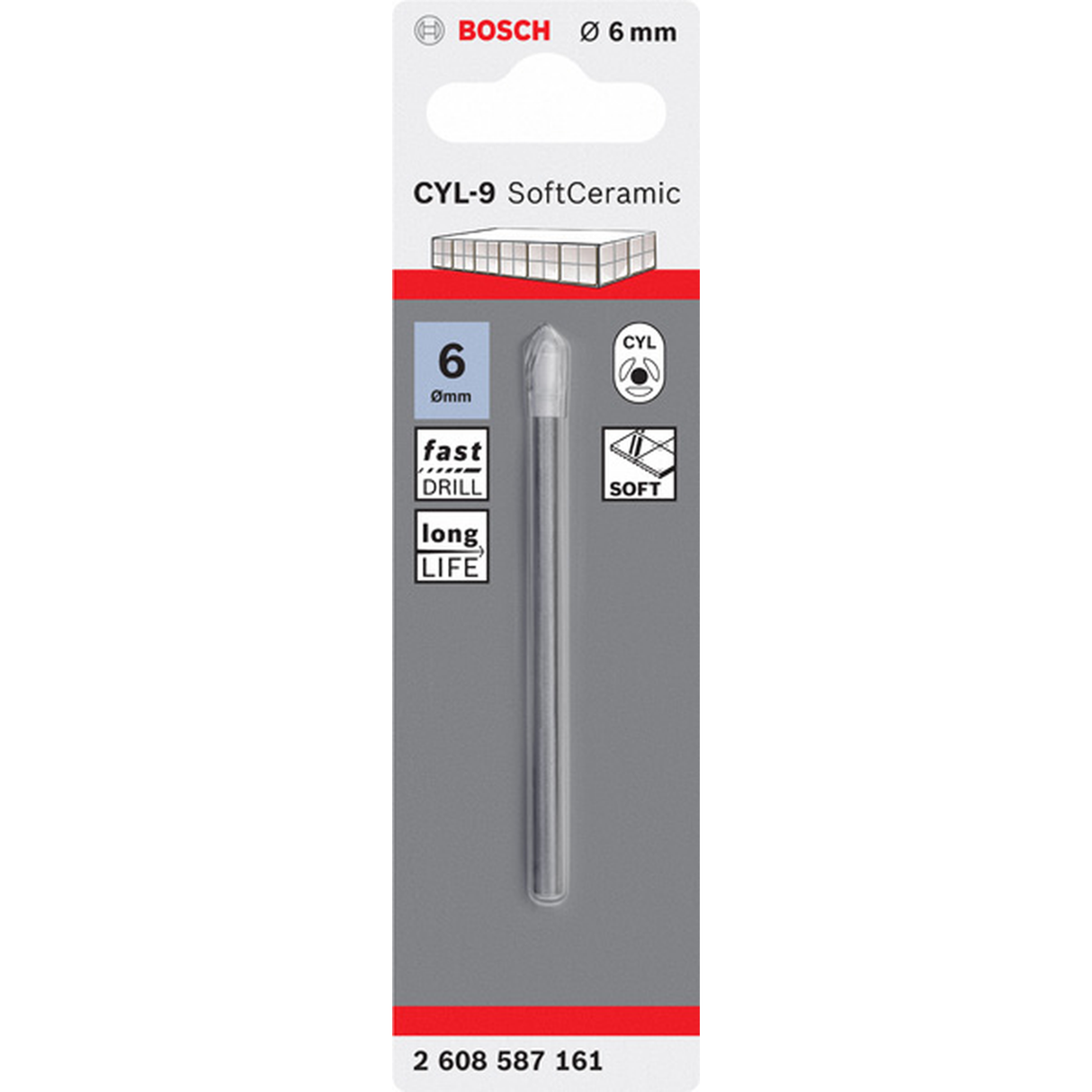 Bosch CYL-9 Tile Drill Bit for Ceramic 6x70mm (for precise and clean drilling in ceramic tiles, porcelain, and glass, features a durable carbide tip for long life and chip-free holes), for use with rotary drills at low speed.