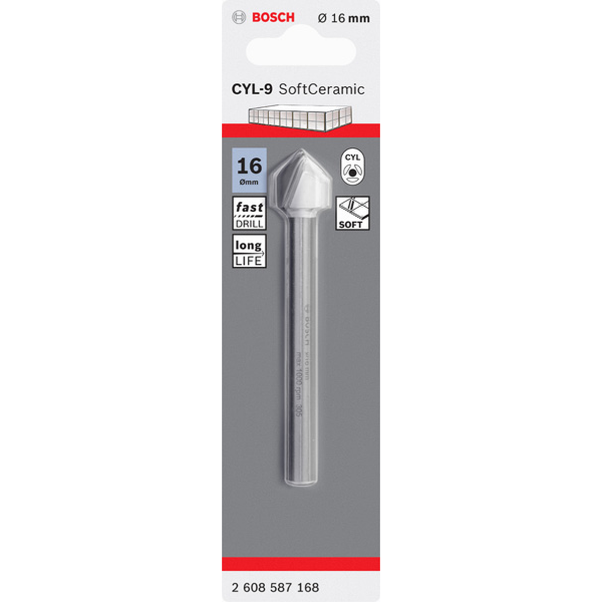 Bosch CYL-9 Tile Drill Bit for Ceramic 16x90mm (for precise and clean drilling in ceramic tiles, porcelain, and glass, features a durable carbide tip for long life and chip-free holes), for use with rotary drills at low speed.