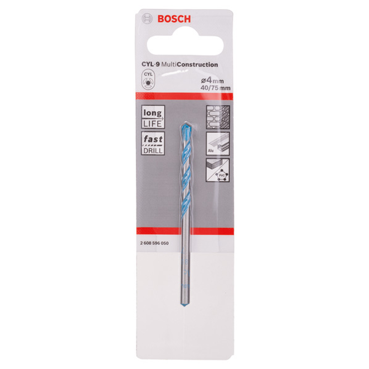 Bosch CYL-9 Multi-Construction Drill Bit 4x40x75mm (for drilling in almost all materials including tiles, masonry, metal, and wood, high-performance carbide tip for maximum durability and precision), compatible with rotary and impact drills.